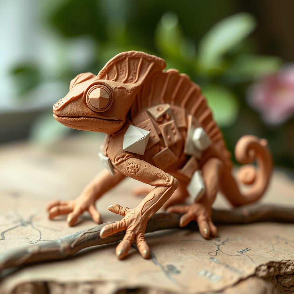 TerraCotta Chameleon with Origami Accents in Handmade Style