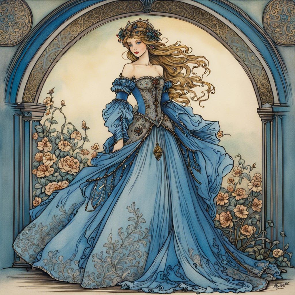 Ethereal Medieval Maiden in Azure Ballgown, Radiant in Seren...
