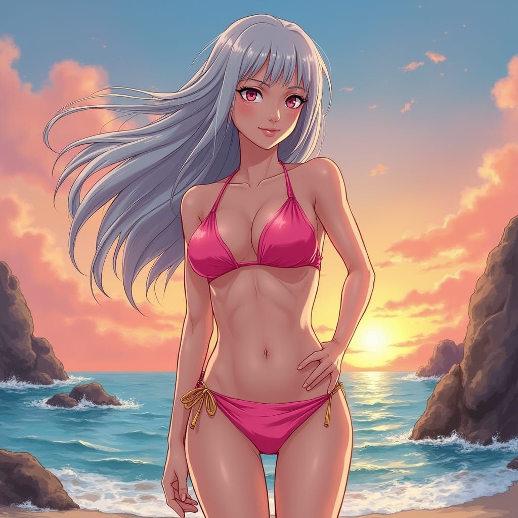 Sleek Pink Bikini Goddess on Rocky Beach at Sunset