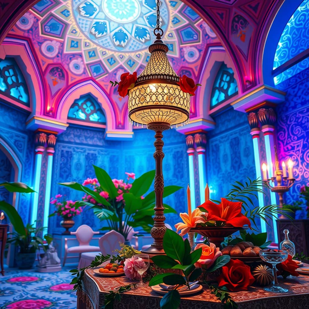 An Ethereal Oasis of Islamic Intricacy in Neon Splendor