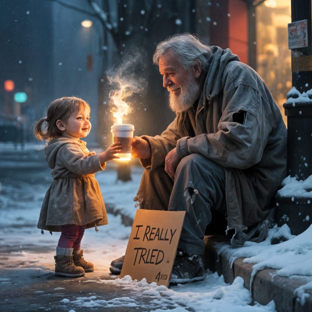 Toddler Offers Coffee to Homeless Man in Snowy Scene