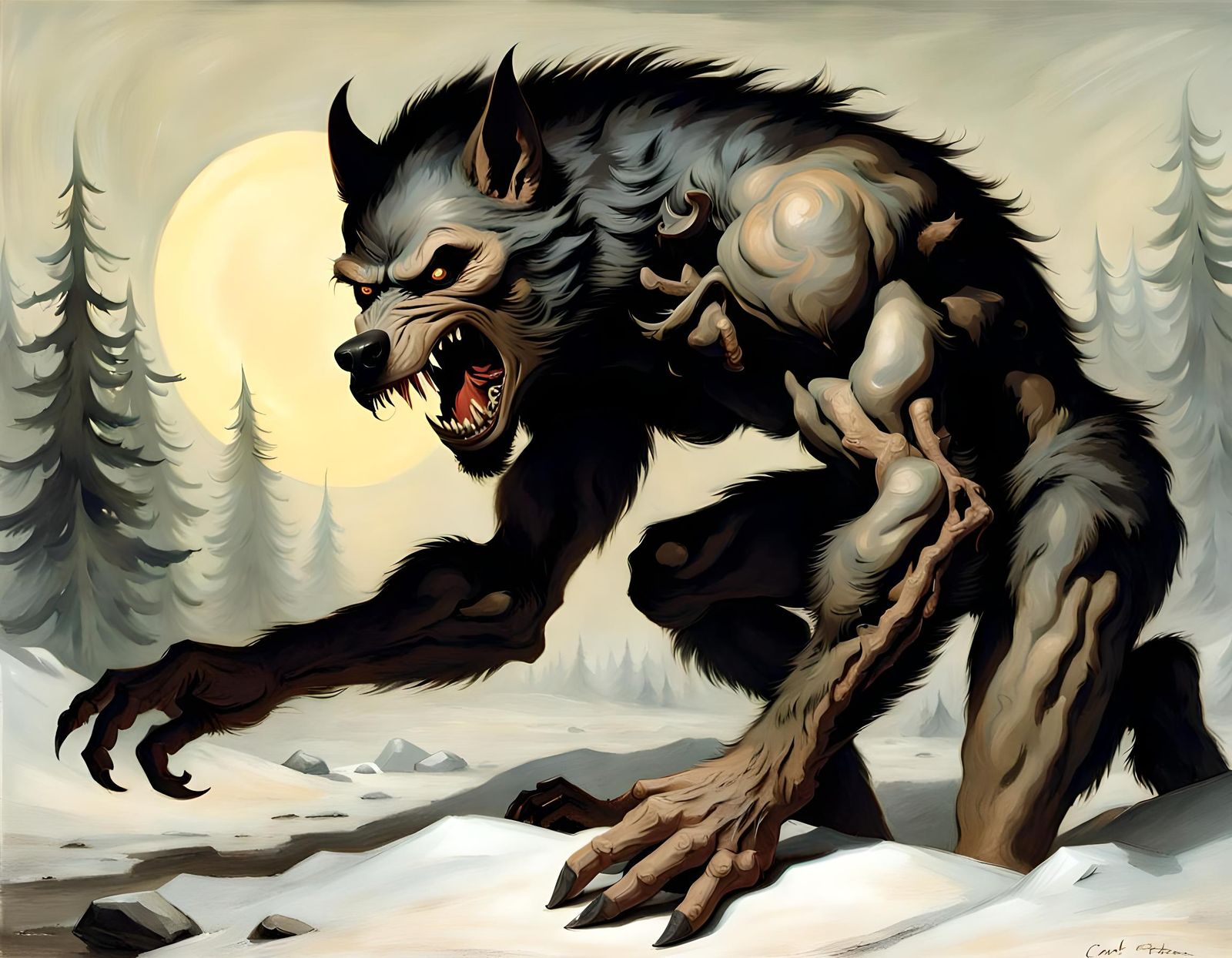 Mythical Lycanthrope in a Dark Forest Landscape