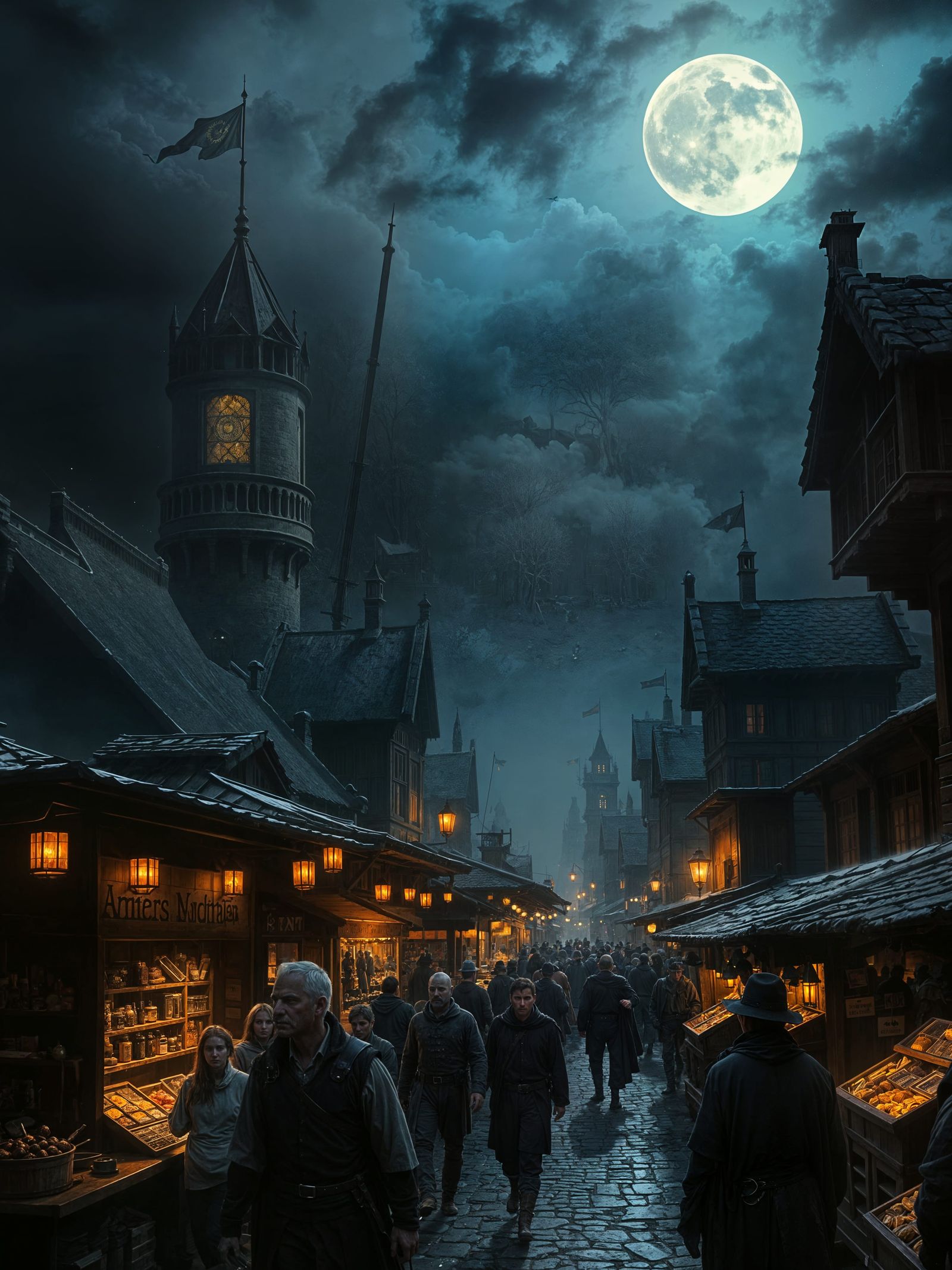 Medieval Night Market in Dark Fantasy Style
