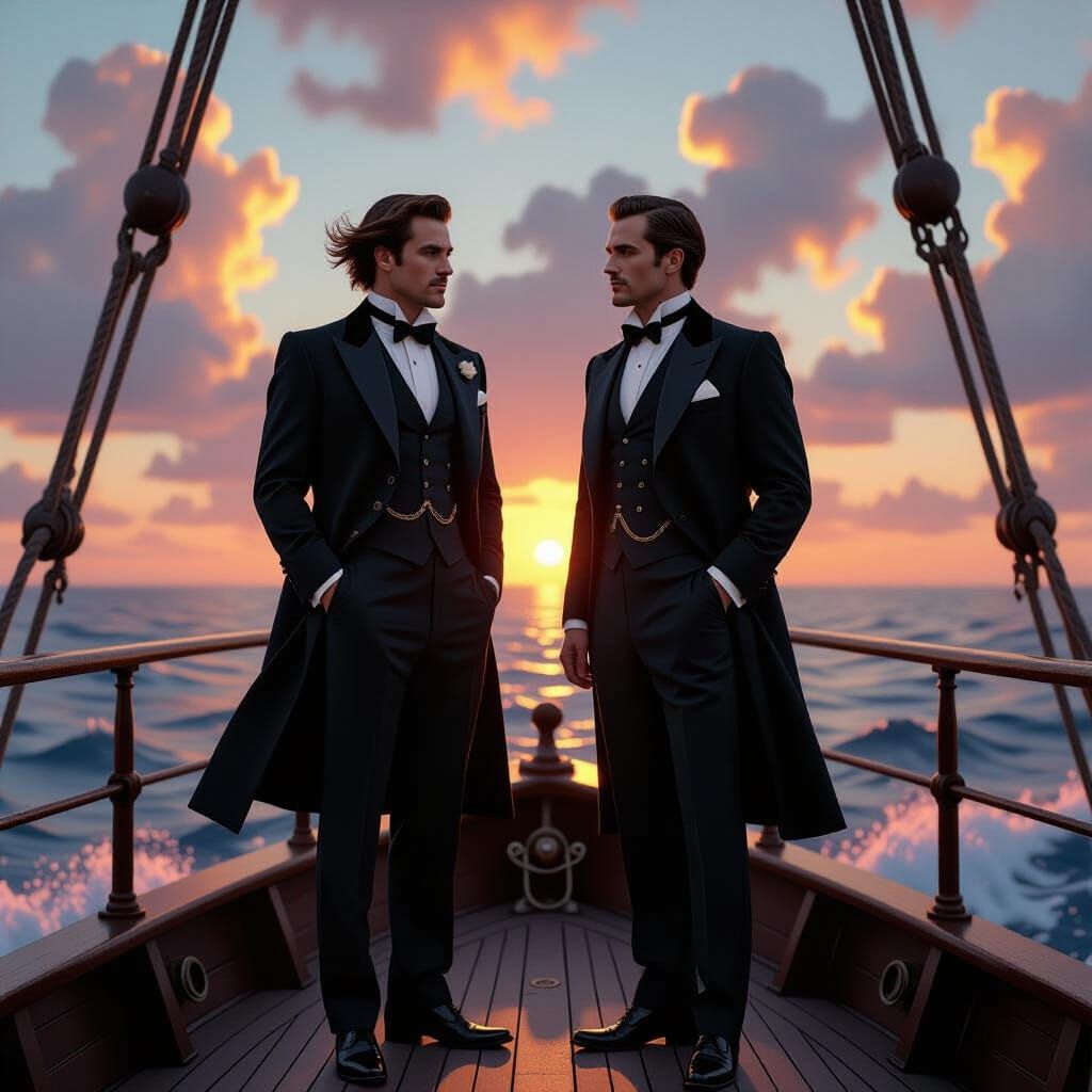 Elegant 1920s Ship Sunset in Hyperrealistic Style