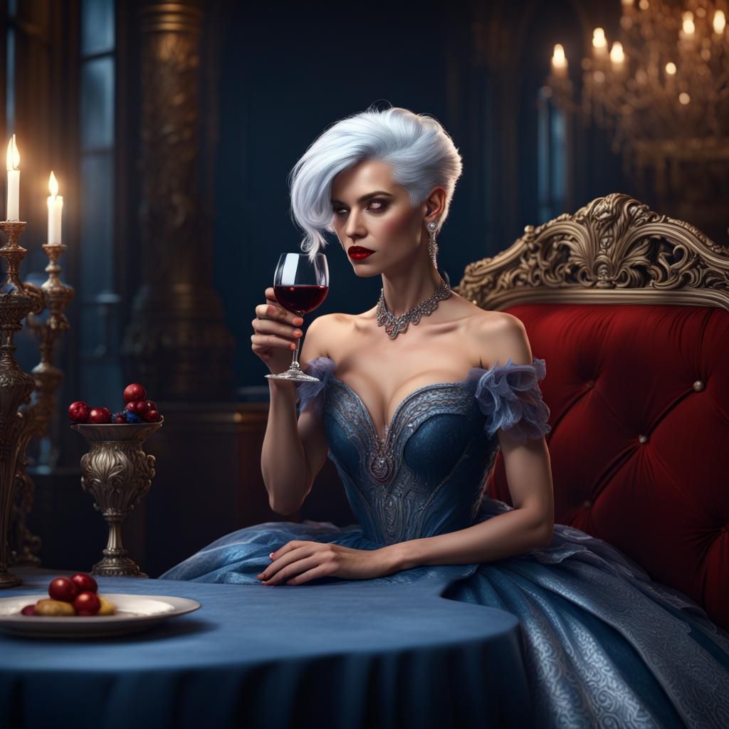 Elegant Fantasy Woman in Splendid Gown and Silver Hair