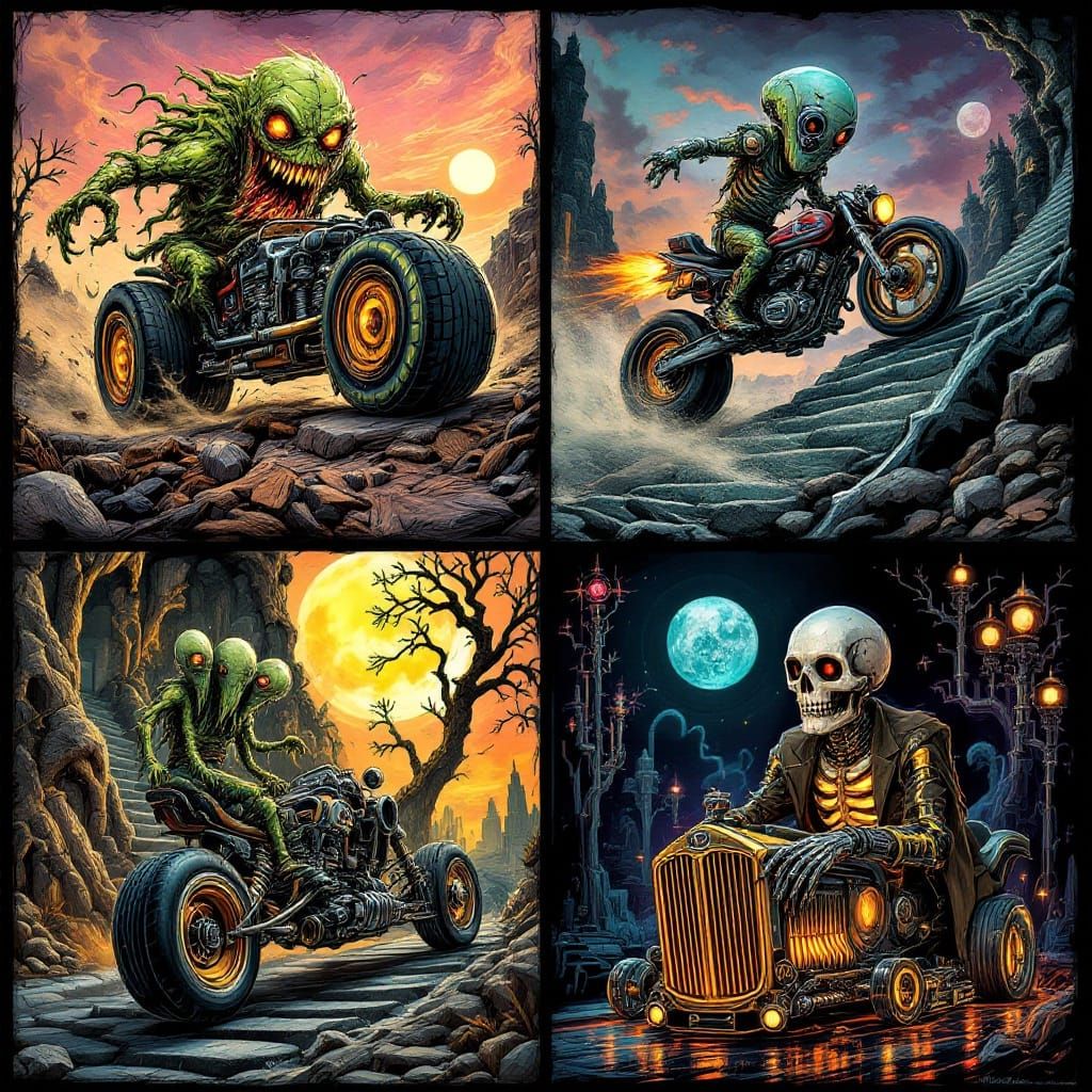 Ed Roth Inspired Mutant Rides in a 2x2 Collage