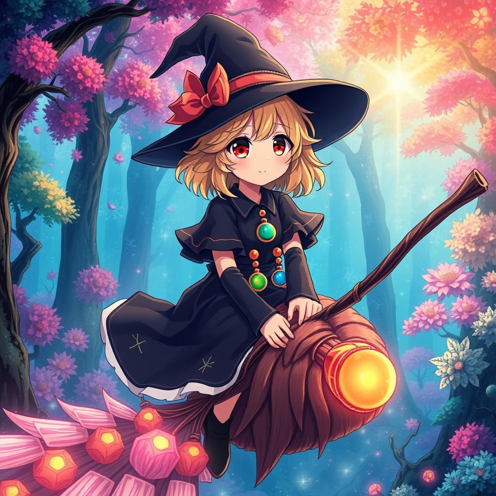 Mystical Japanese Witch Rides Glowing Broom in Whimsical For...
