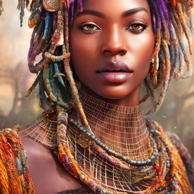 African Woman Portrait with Yarn Web in Hyperrealistic Style