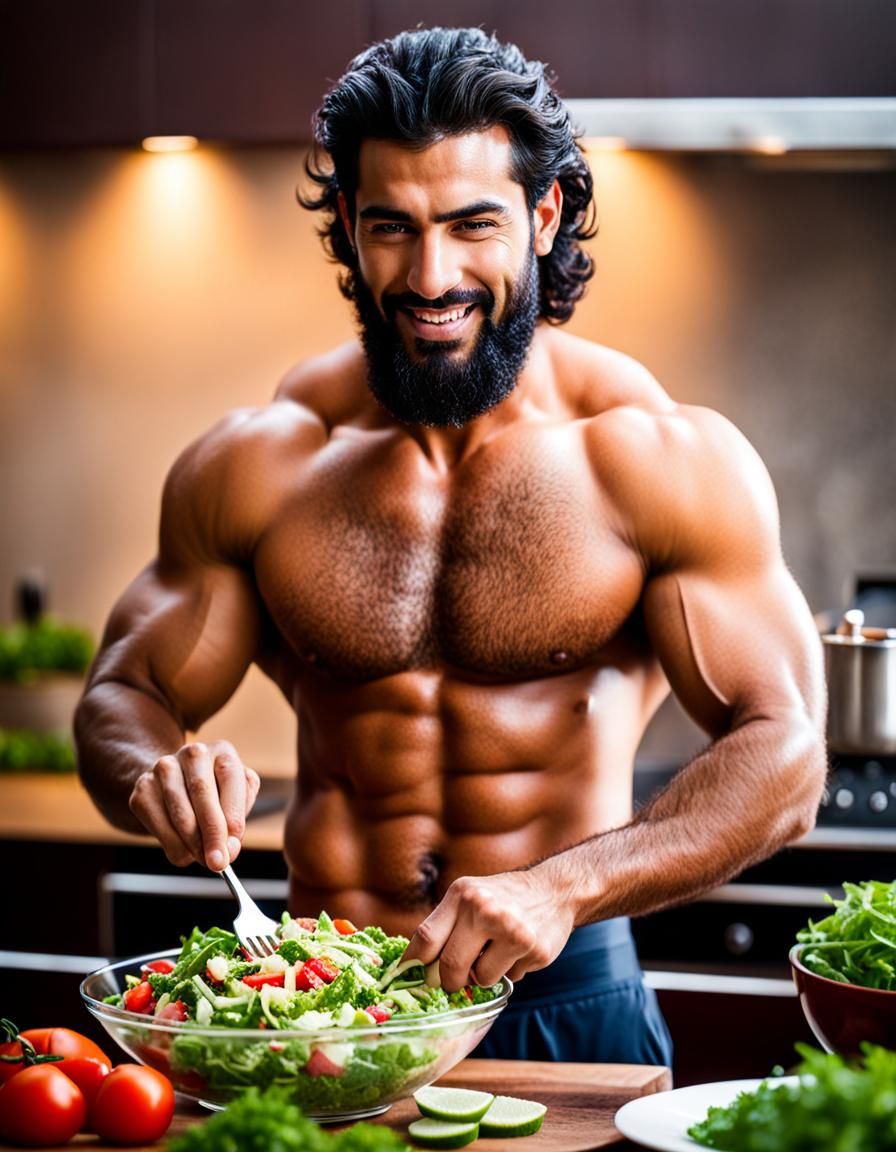 Sensual Middle Eastern Hunk Prepares Tabouleh Salad in Soft...