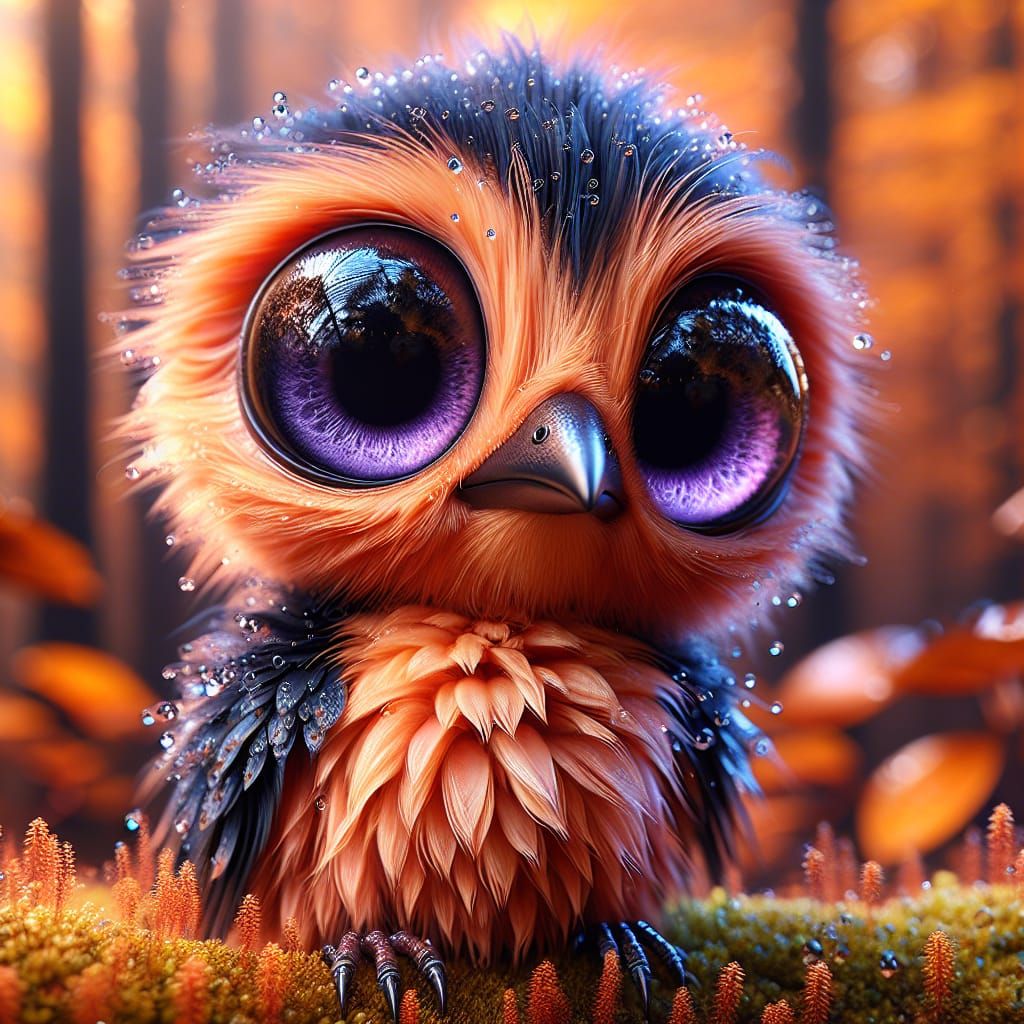 Whimsical Orange Hawk-Bird in Autumn Moss