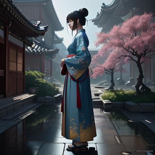 Chinese Anime Goddess in Vibrant Village Square