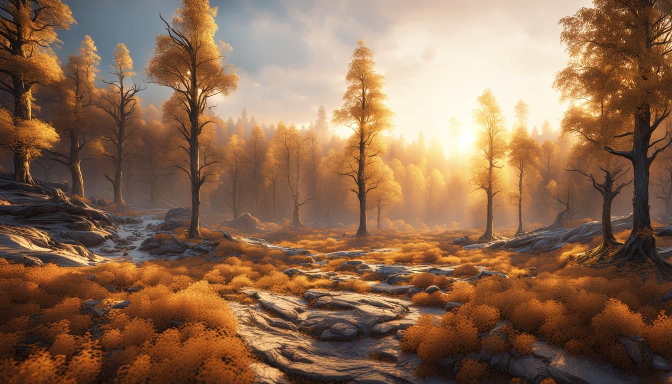 Surreal Sunrise in a Fantastical Forest, Blending White and...