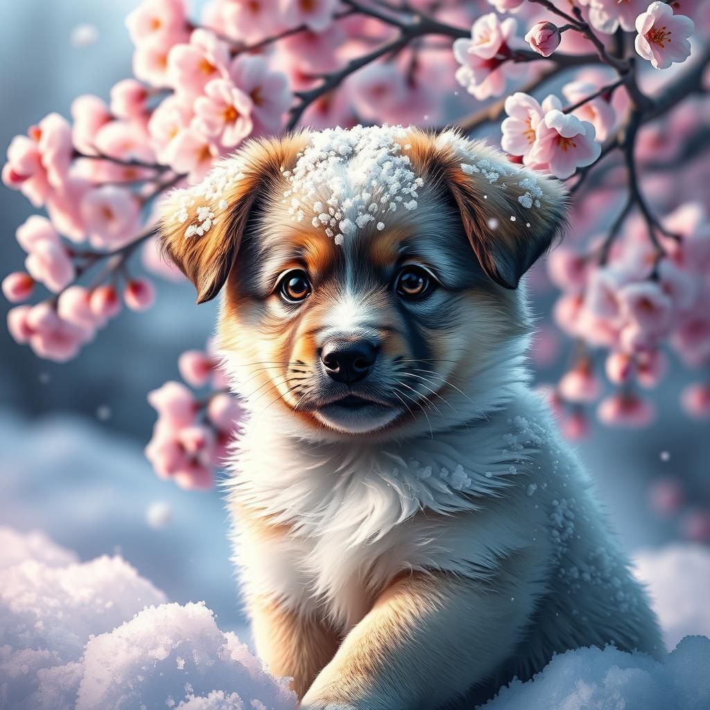 Vibrant Cherry Blossom Puppy in the Snow
