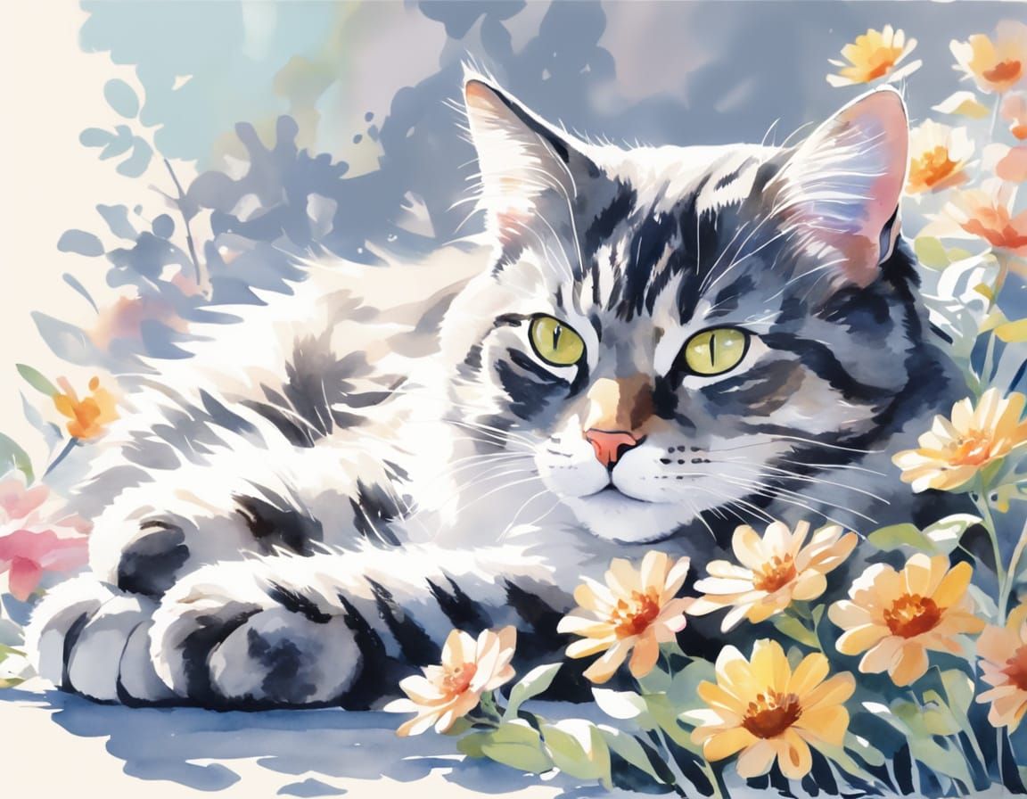Vibrant Watercolor Cat Basks in Sunny Garden
