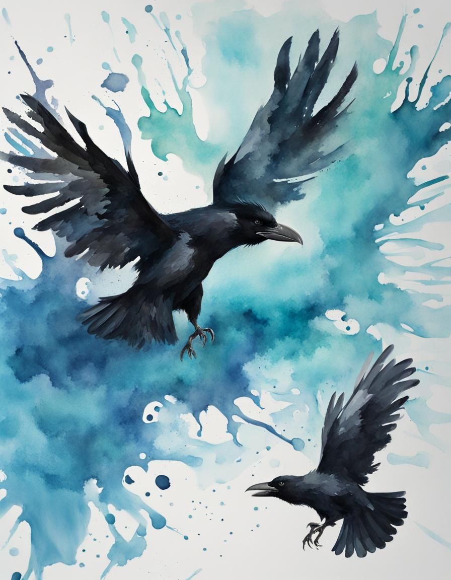 Flying Ravens in a Teal Impressionist Landscape