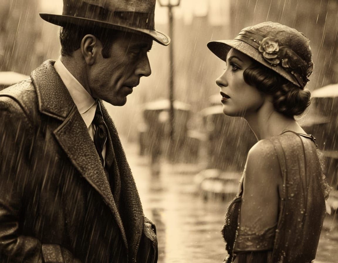 Classic Sepia Film Still: Rainy Street Encounter