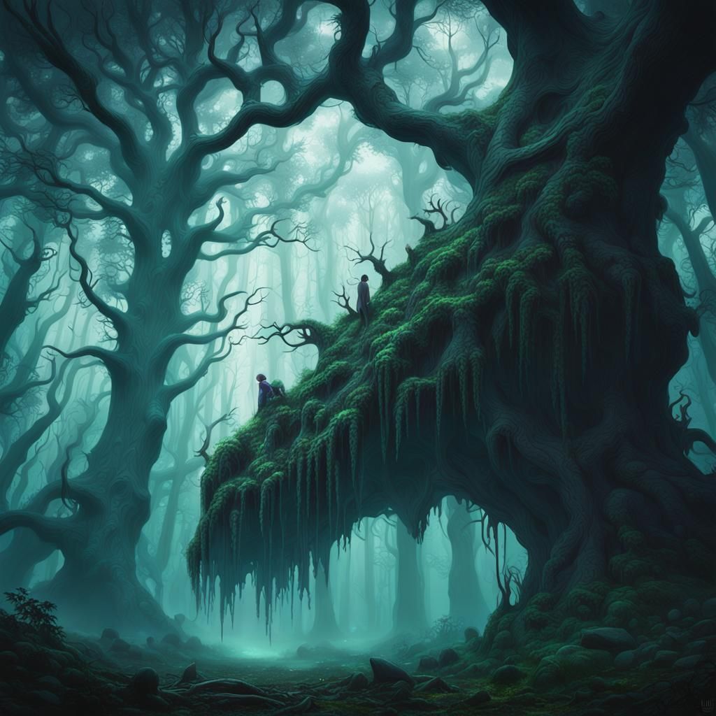 Surreal Haunted Forest Scene in Deep Colors