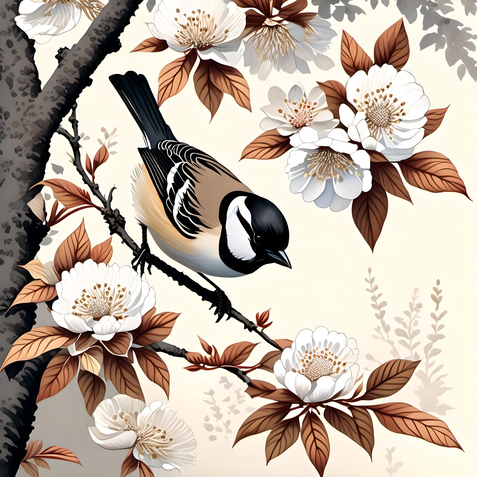 Sparrow Serenity in Morning Light, in Ukiyo-e Watercolor Sty...