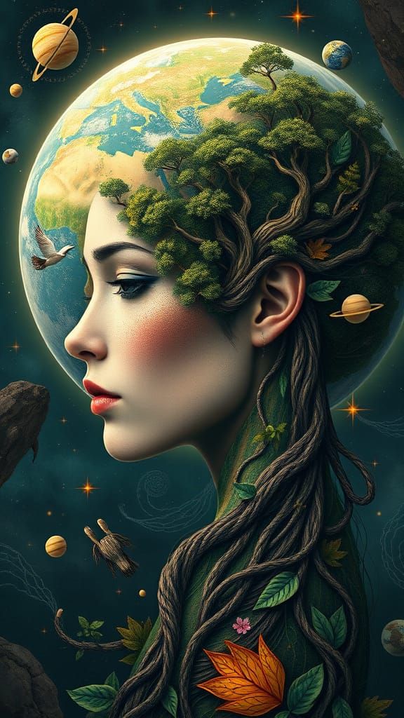 Ethereal Earth Goddess with Interwoven Hair and Trees