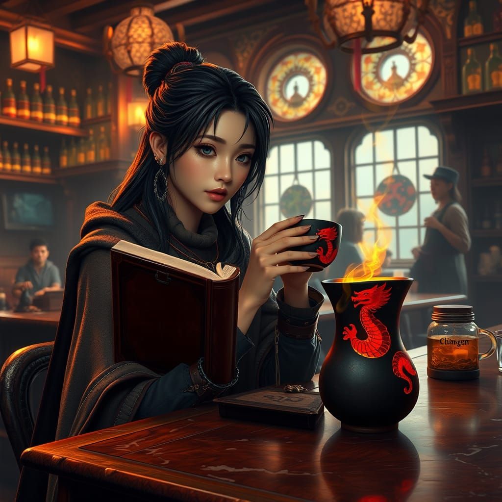 Elegant Adventurer Sips Coffee in Whimsical Fantasy Cafe