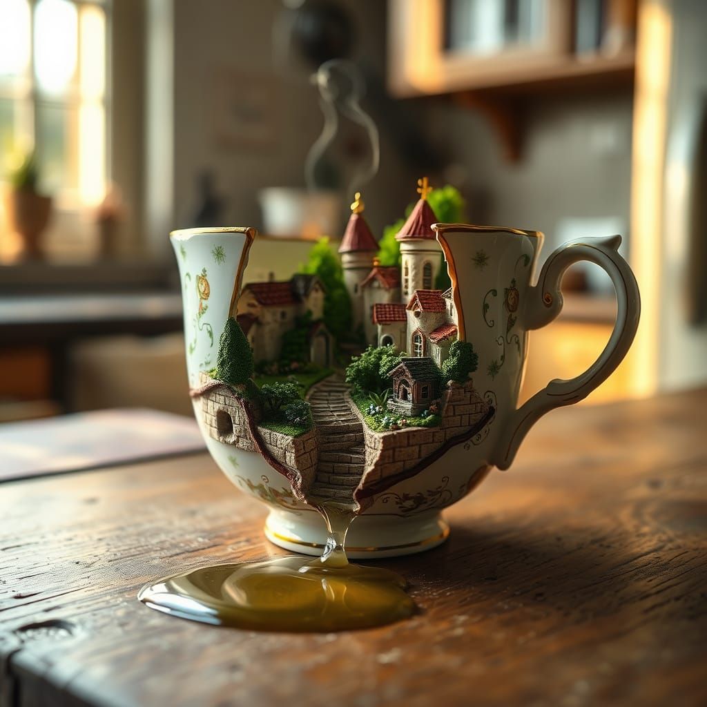 Miniature Village Floats in Antique Teacup in Whimsical Macr...