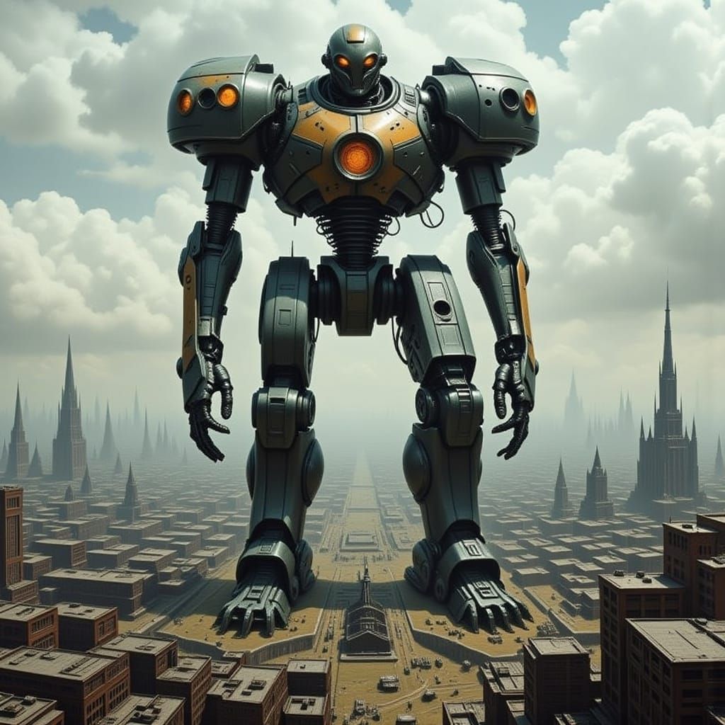 Giant Robot Towers Over Futuristic City