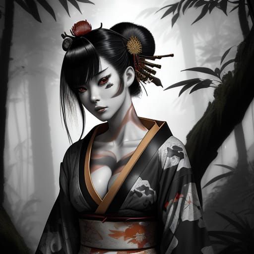 Feral Geisha Survivalist in Camo Kimono with Jungle Predator...