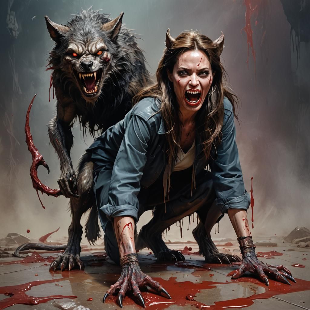 Angelina Jolie as a Hyperrealistic Werewolf in Splash Art