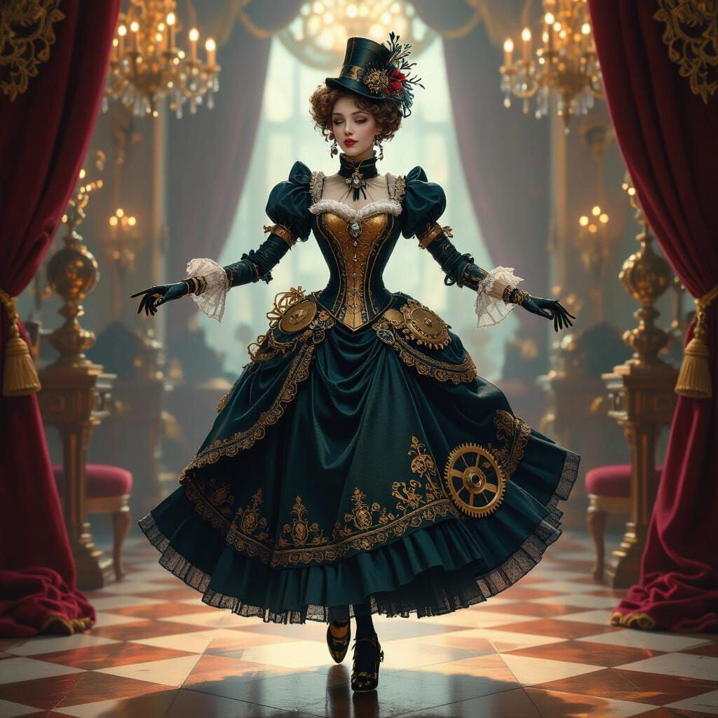 Victorian Clockwork Automaton Dances in Grand Ballroom