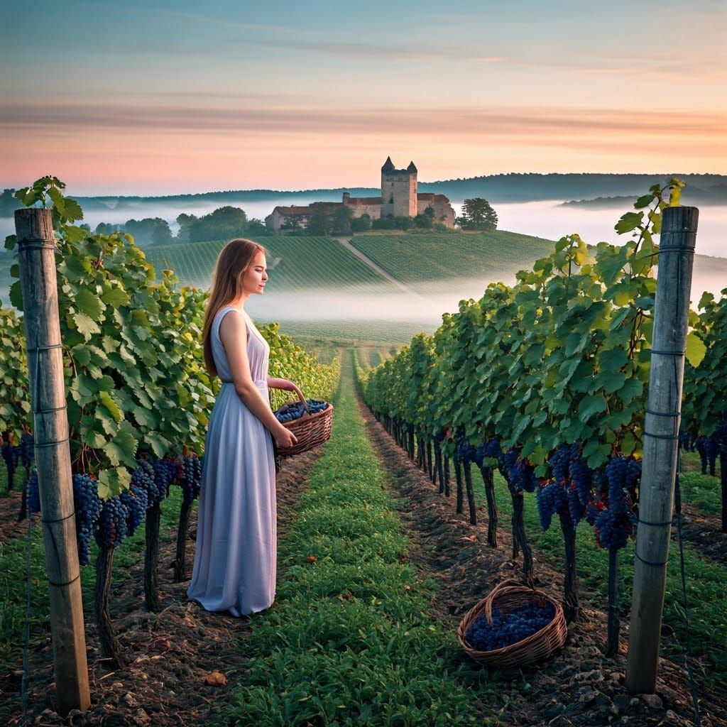 Ethereal Morning in a French Vineyard, Soft Fog and Pastel H...