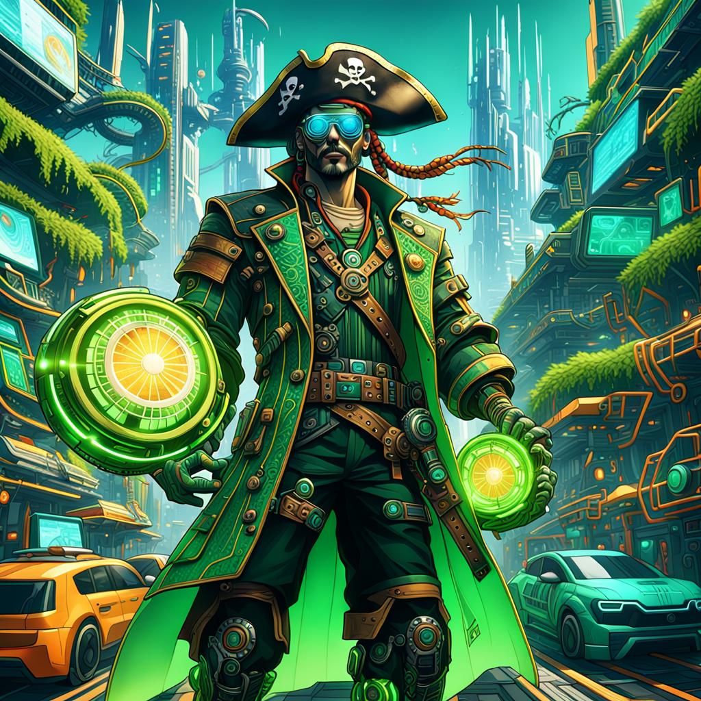 Green Pirate in Solarpunk Style, Digital Illustration