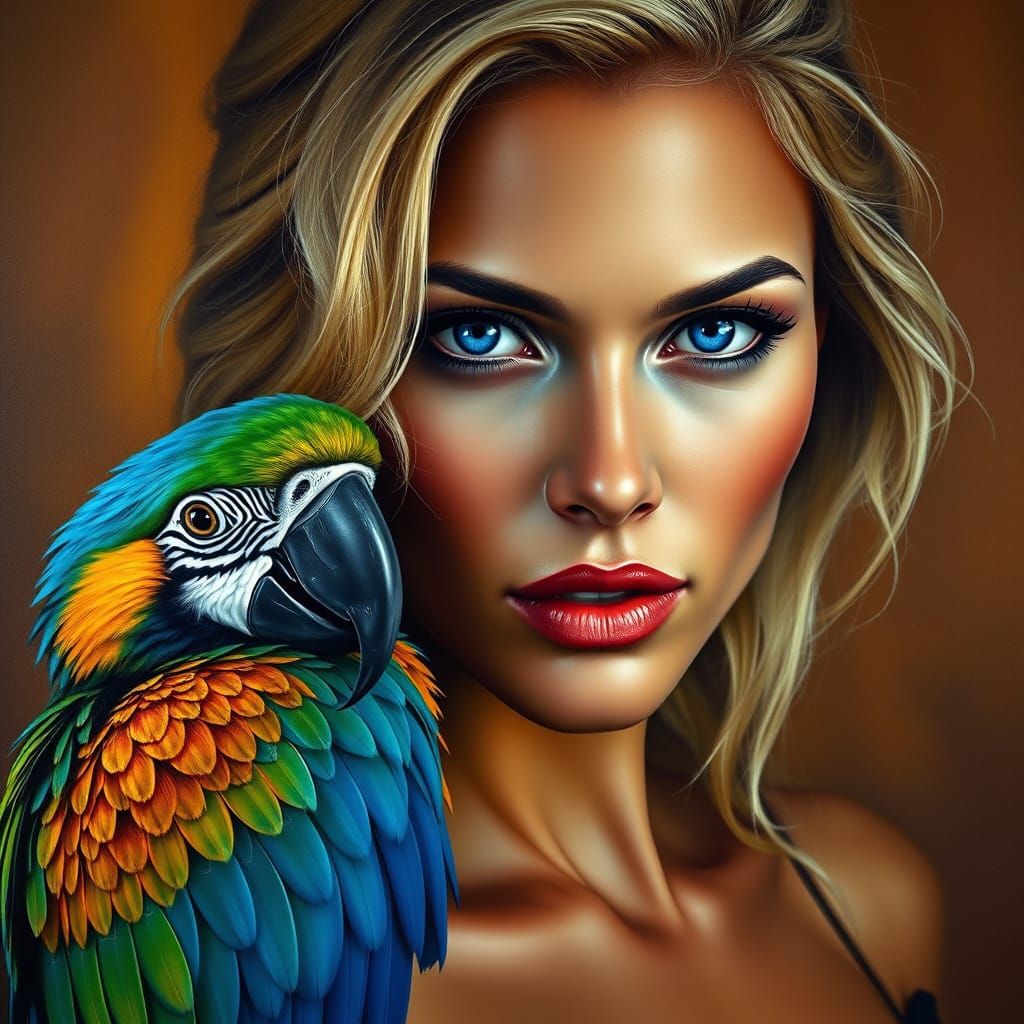 Sultry Portrait of a Blonde Woman with a Majestic Macaw