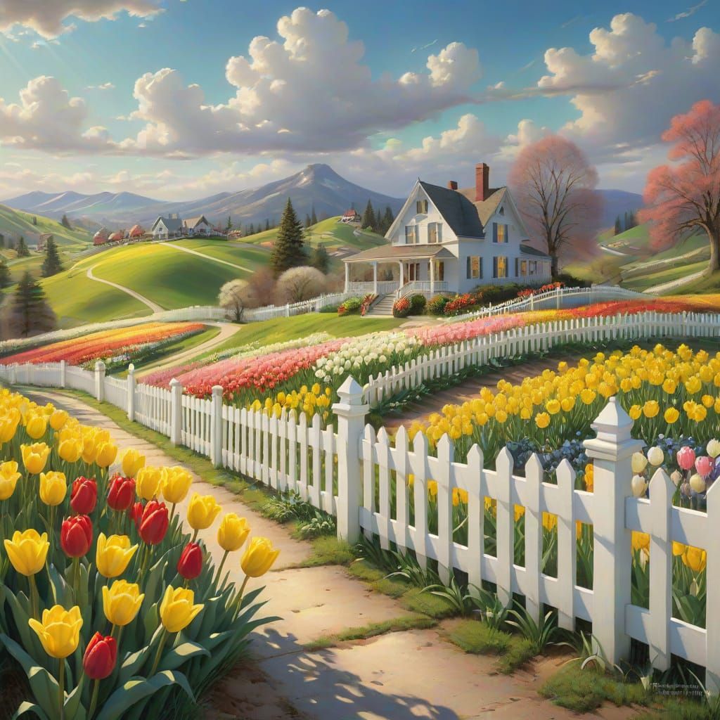 Whimsical Cottage Amidst Vibrant Blooms in a Thomas Kinkade-...