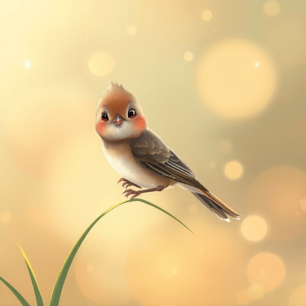 Whimsical Bird Balancing on Grass in Golden Hour Light