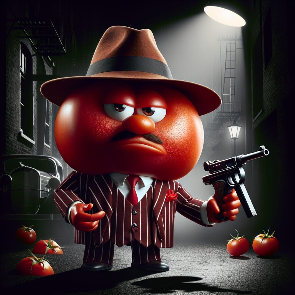 Humorous 1920s Tomato Gangster in a Whimsical Alley Scene