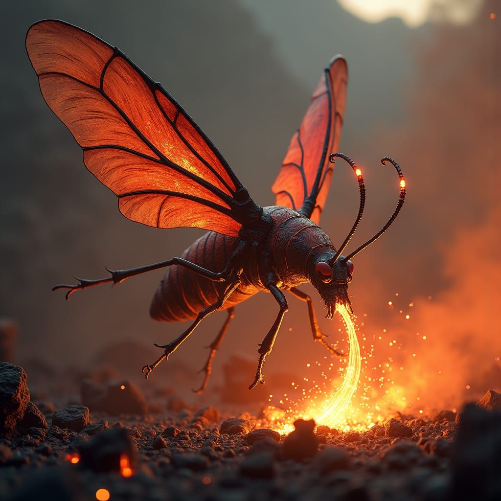 Insect of Flame: Pyrodrake in Volcanic Splendor