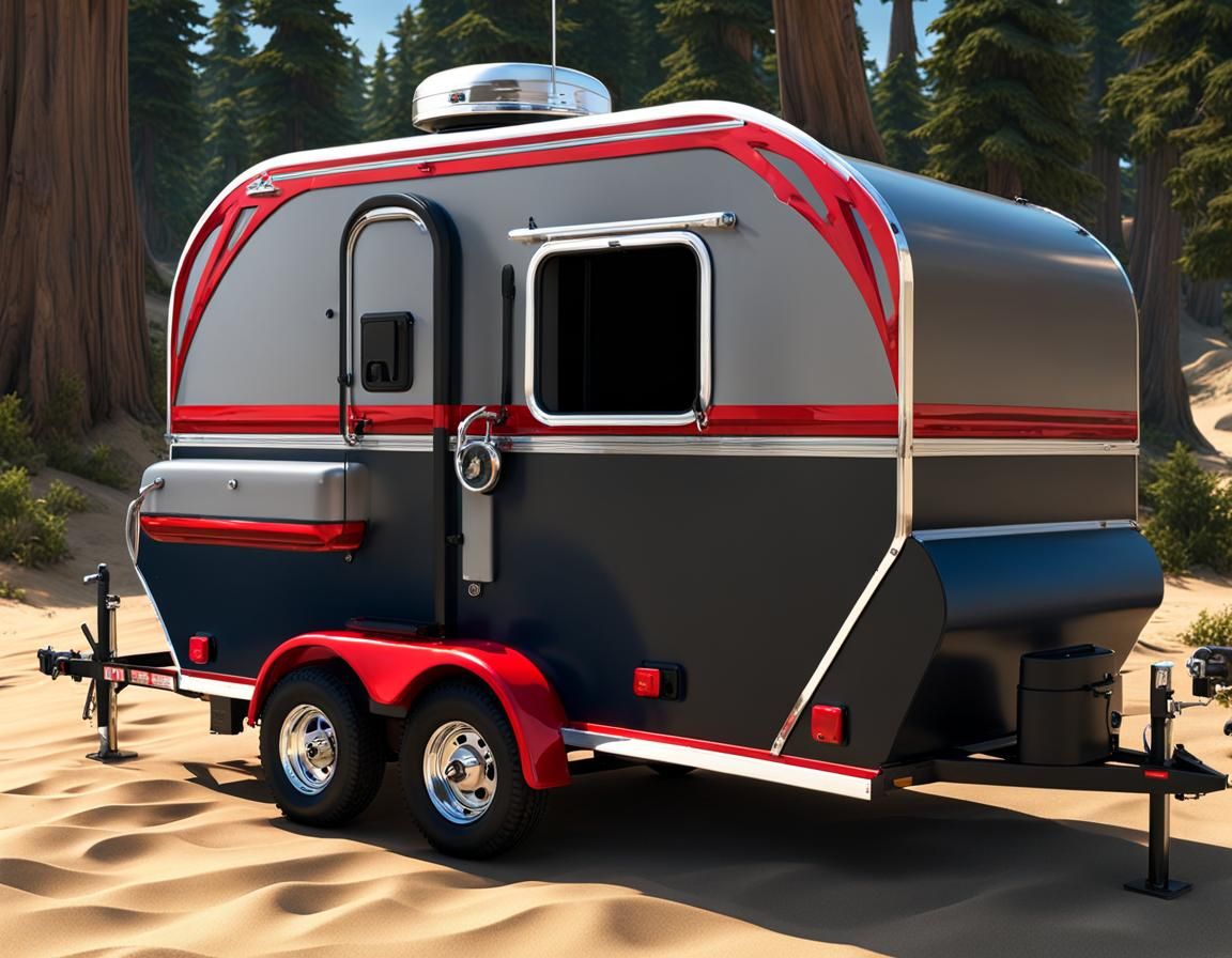 Charcoal Teardrop Trailer with Red Accents and Epic Beach Ca...