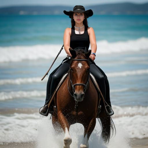 Gorgeous Young Woman Riding a Black Stallion on a Beach