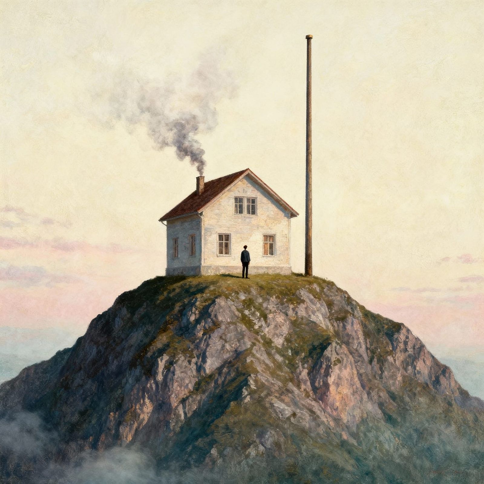 Surreal House on Mountain Peak with Lone Figure