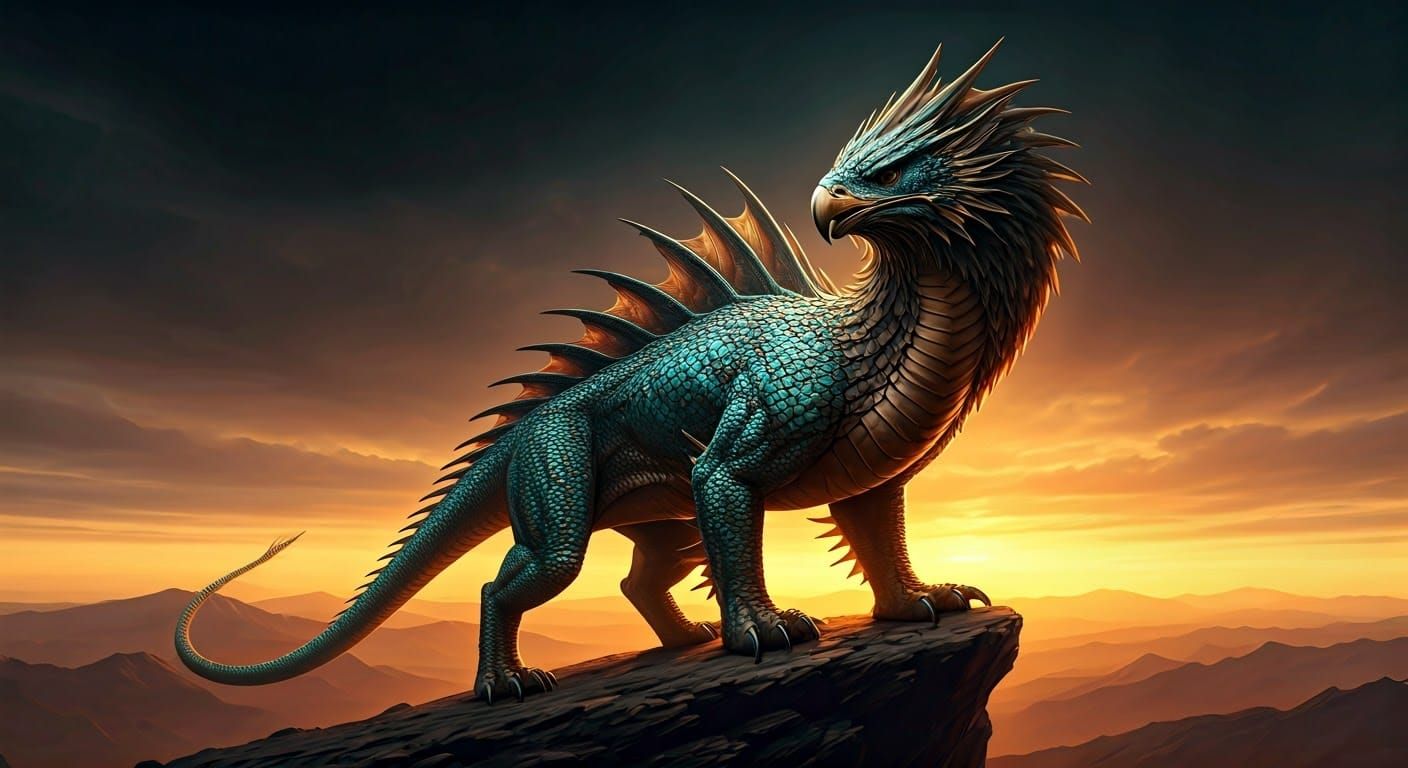 Majestic Mušḫuššu Dragon Stands Proud Under Sunset