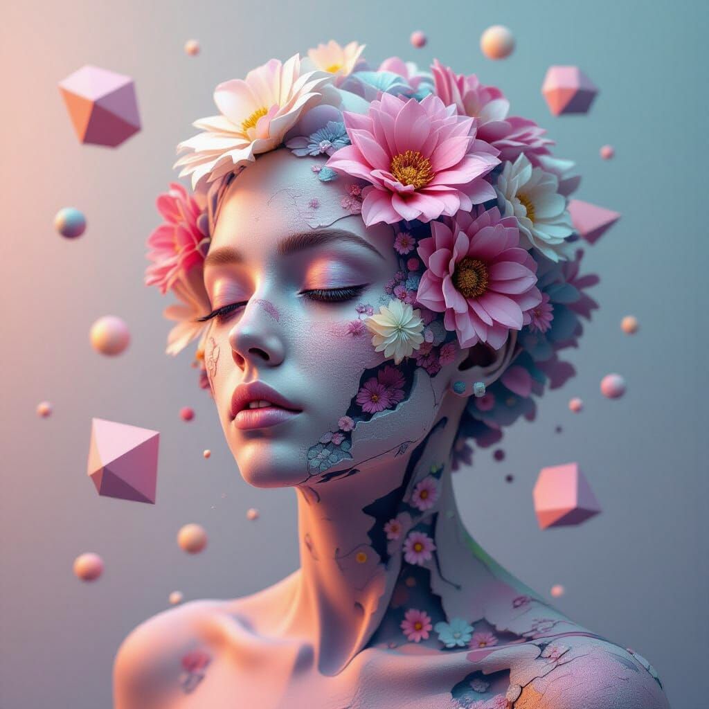 Surreal Portrait: Fossilized Flowers and Geometric Forms