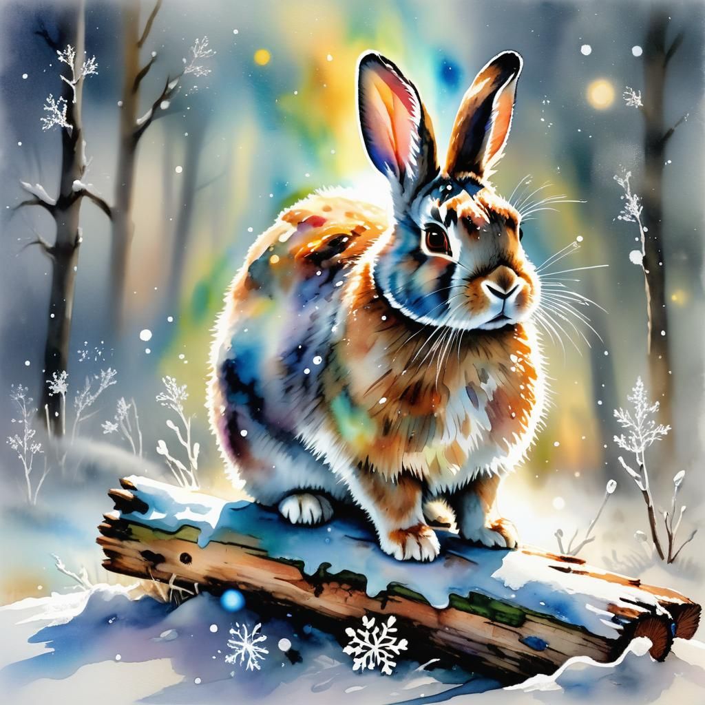 Glowing Rabbit on Log in Iridescent Snowstorm Scene