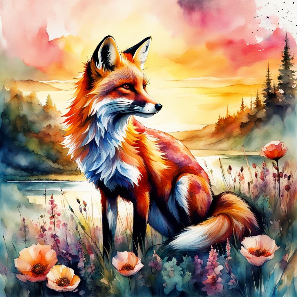 Fox in Stylized Watercolor Sunset Landscape