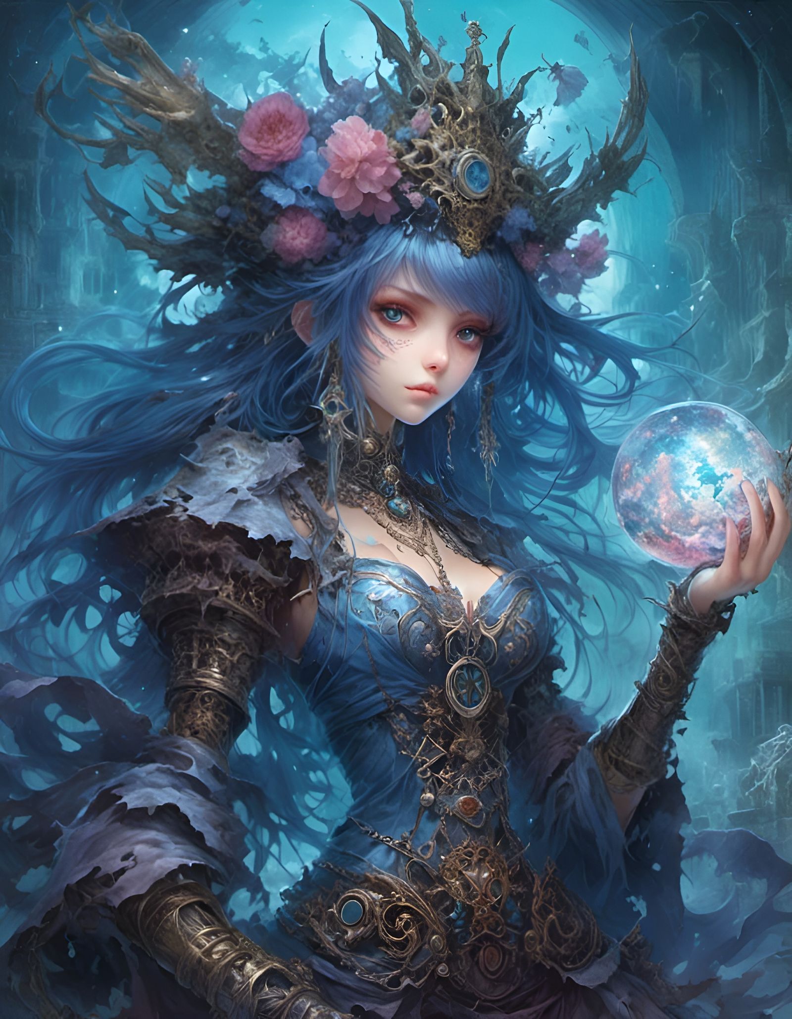 Ethereal Blue Sorceress in Hyperdetailed Digital Art
