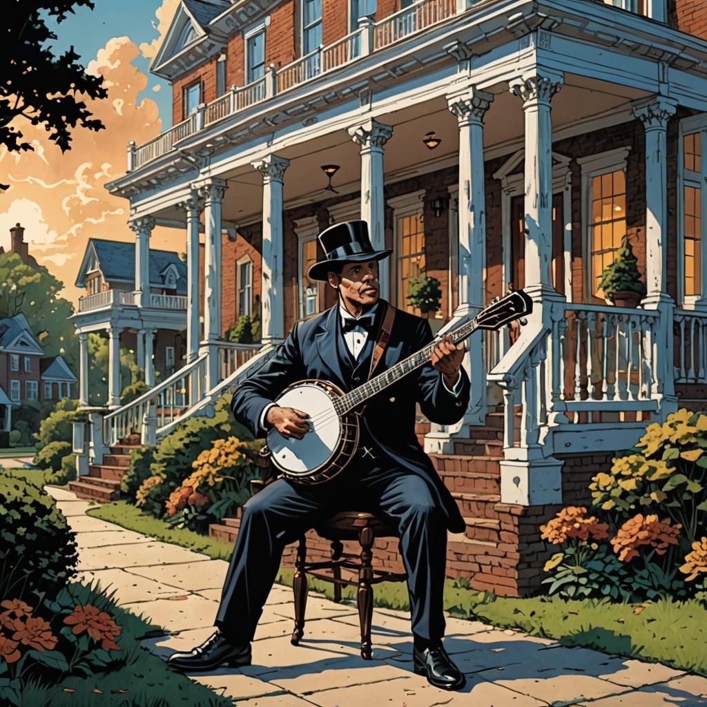 A Chauffeur Plays Banjo on a Mansion Porch