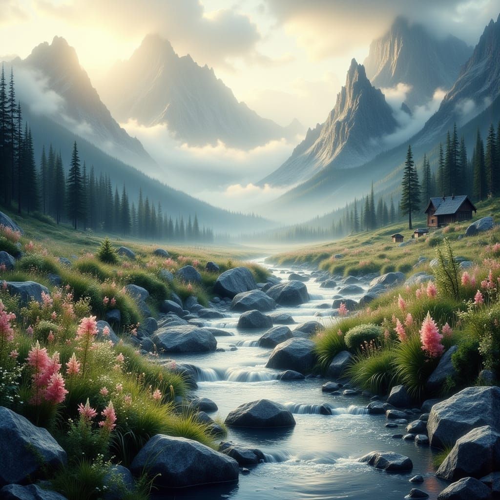 Mountains at Sunrise with Mystical Waterfall