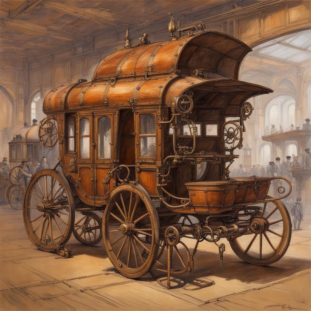 Design blueprints for steampunk 19th century carriage