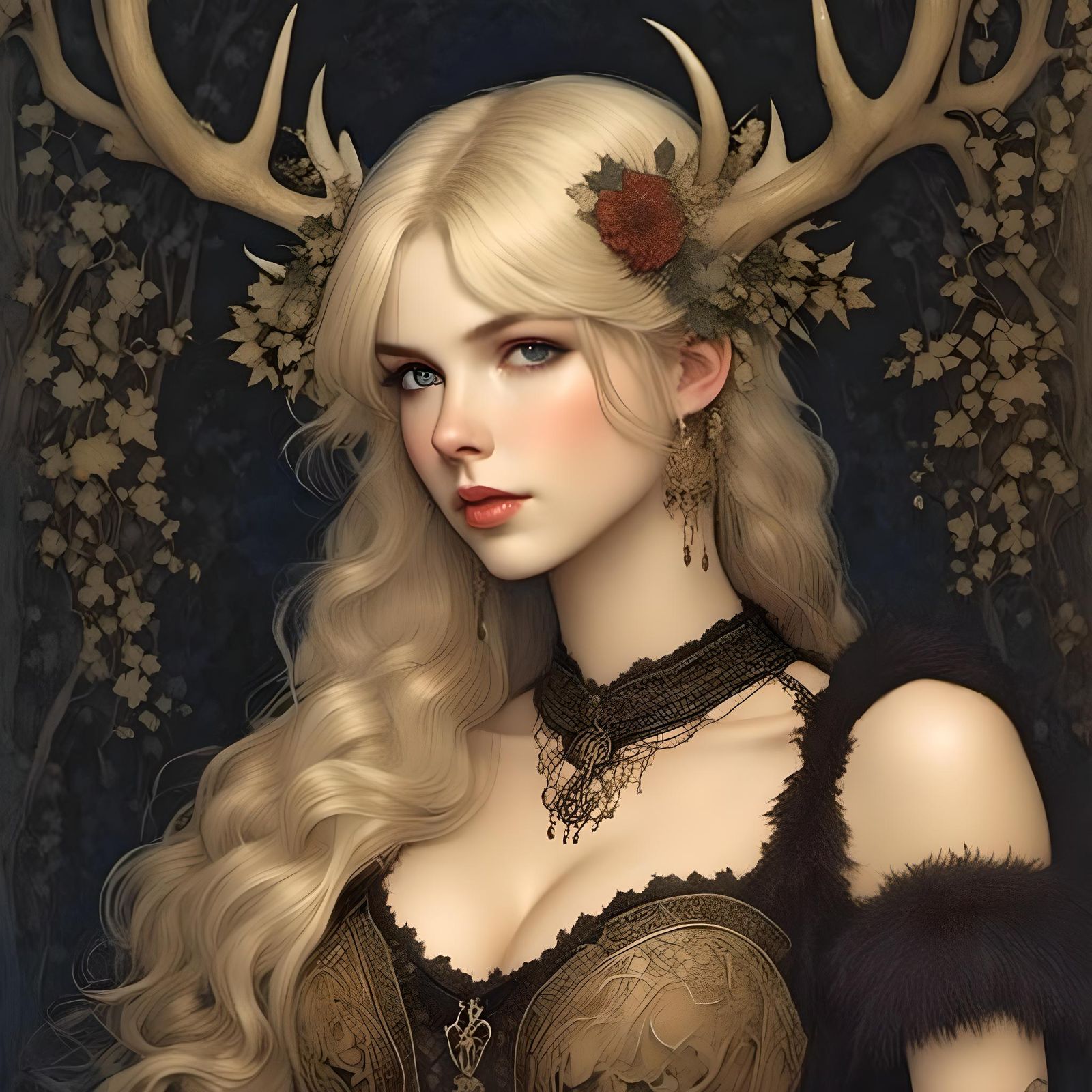 Courageous Faerie in Elaborate Corset Adorns Her Antlered He...