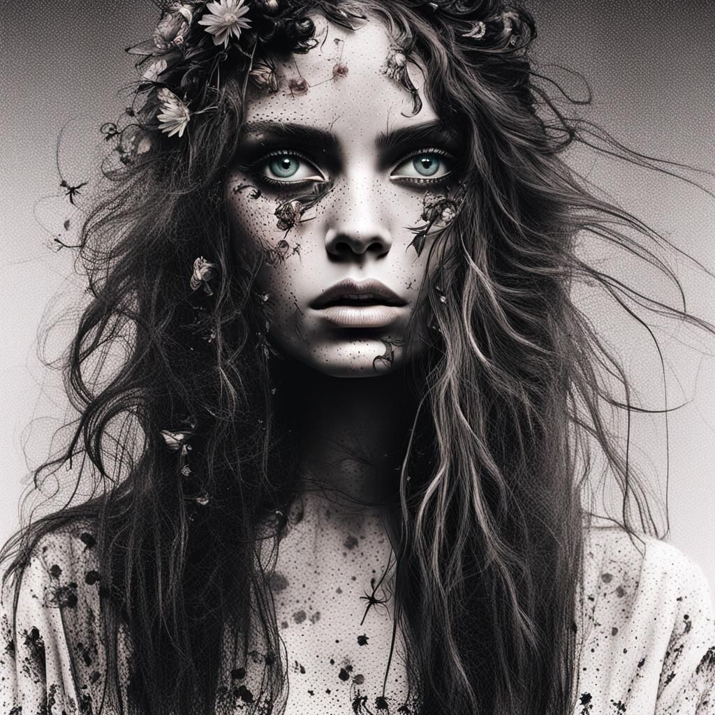 Surreal Fine Art Portrait of Enigmatic Woman with Floral Hea...