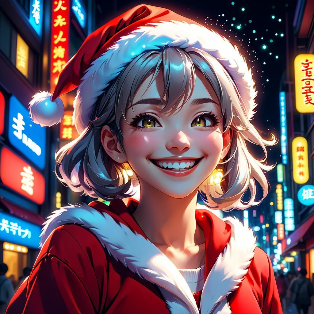Anime Santa Girl Dances Under Neon Lights